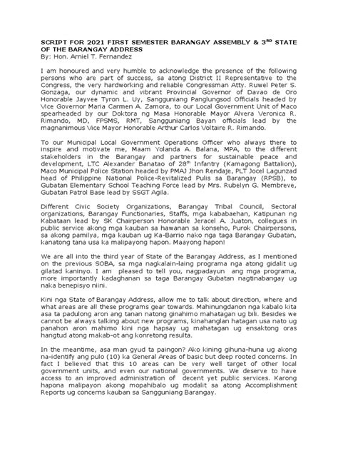 Script For 2021 First Semester Barangay Assembly .